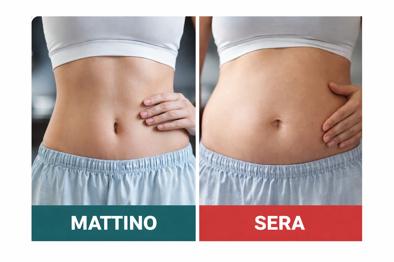 Differenza tra pancia piatta al mattino e gonfia la sera durante la giornata