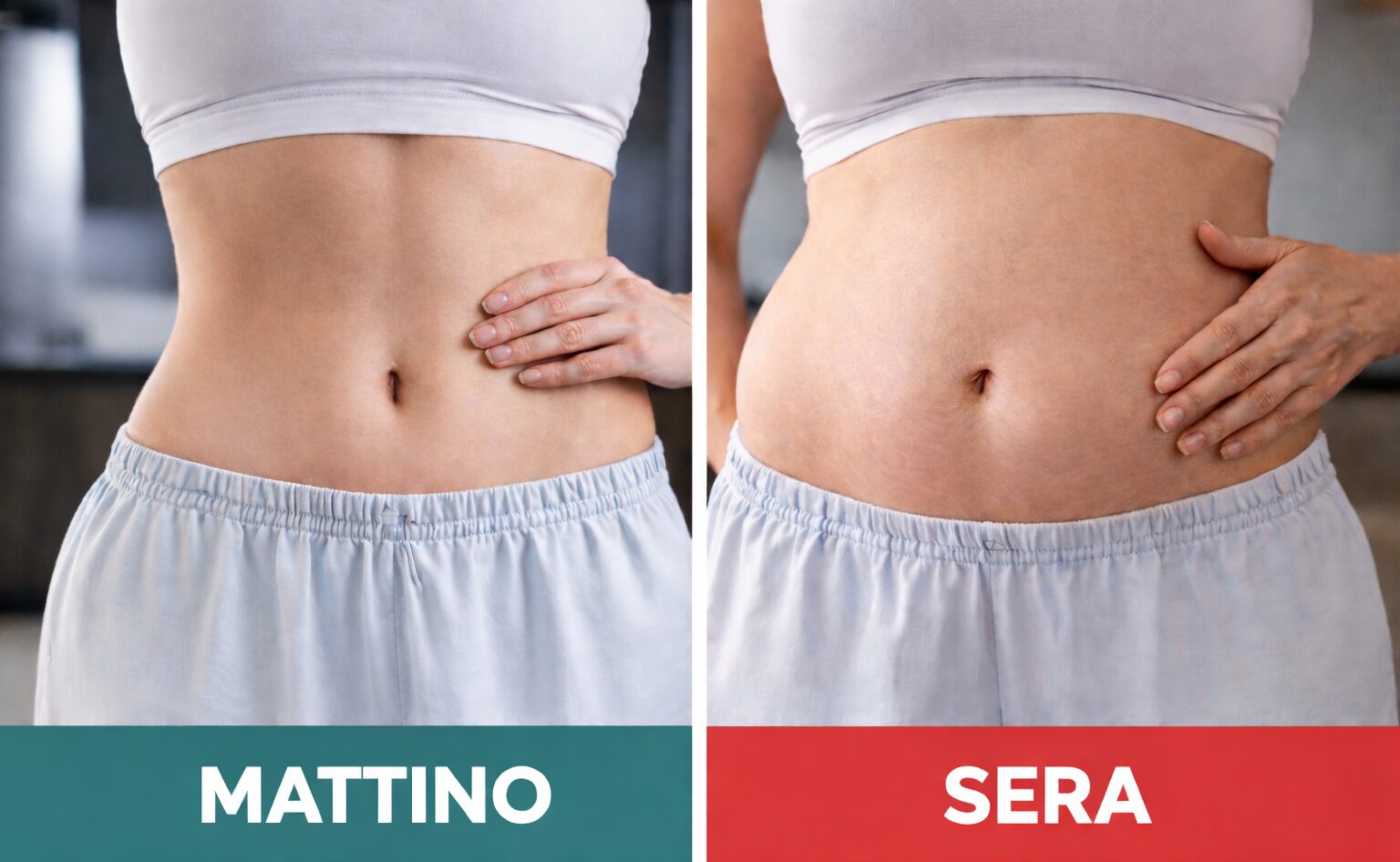 Differenza tra pancia piatta al mattino e gonfia la sera durante la giornata