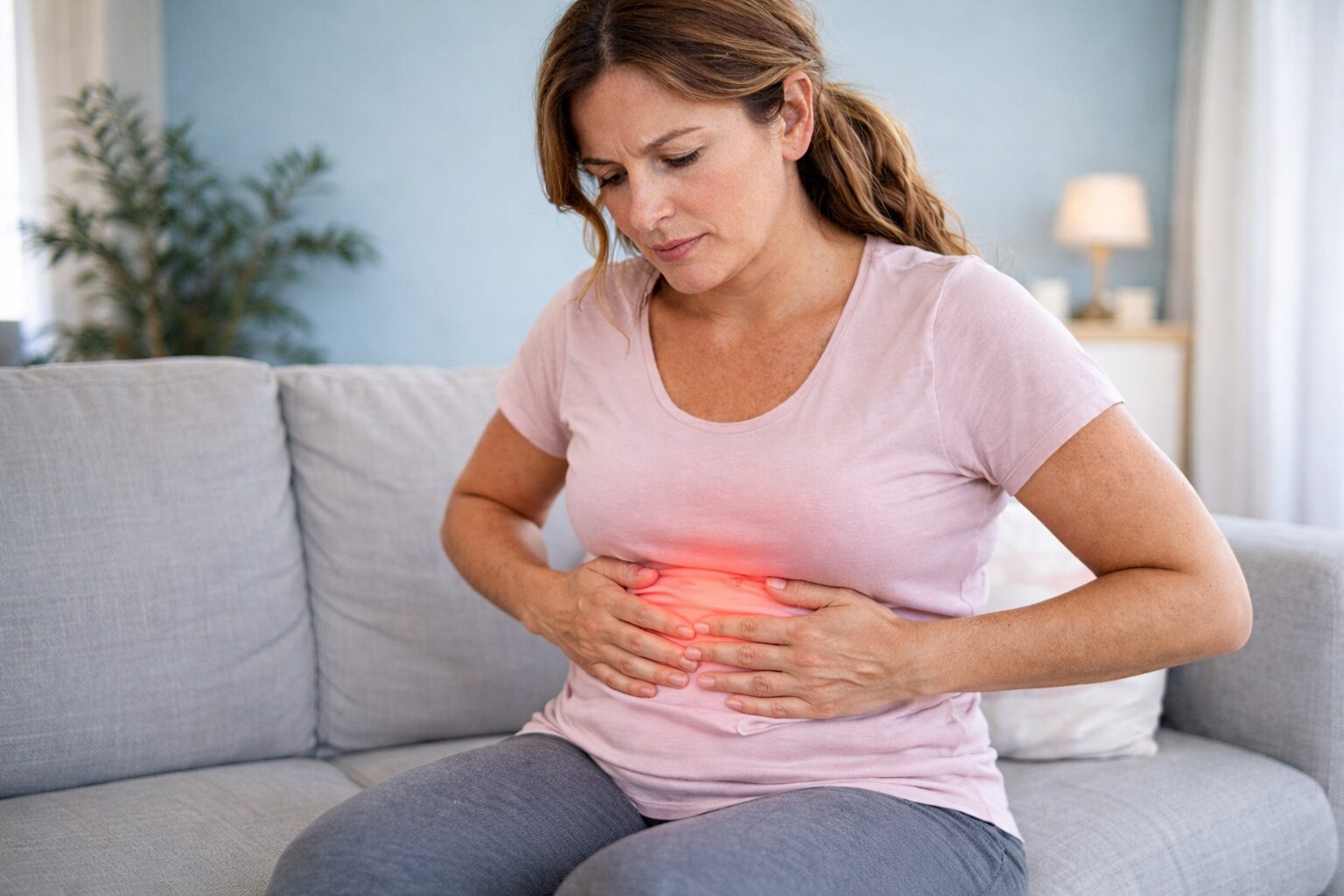 Donna di circa 40 anni che si sente gonfia anche senza mangiare tanto, seduta sul divano mentre tiene le mani sull’addome